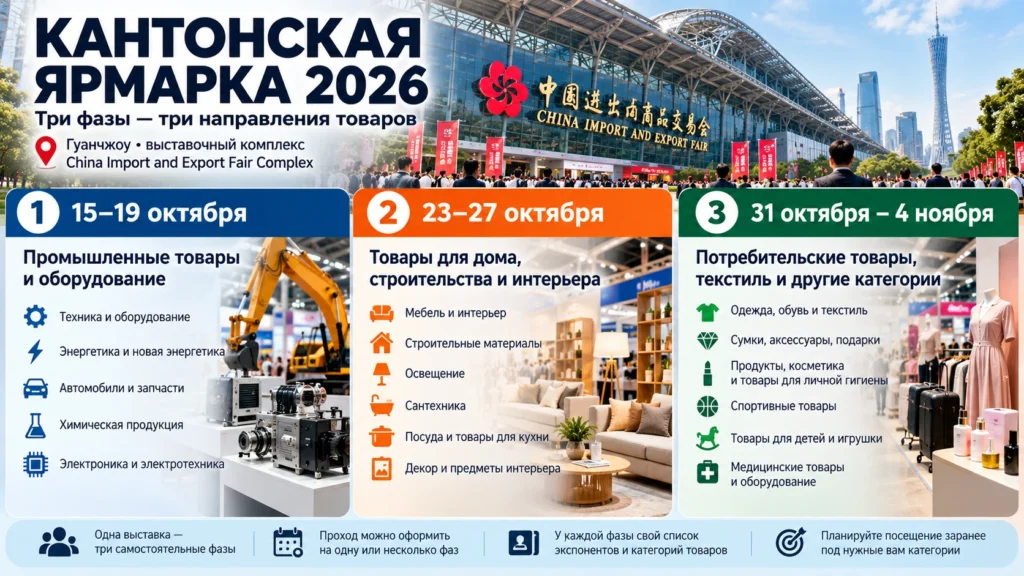 Три фазы Кантонской ярмарки 2026 с датами и основными товарными категориями.